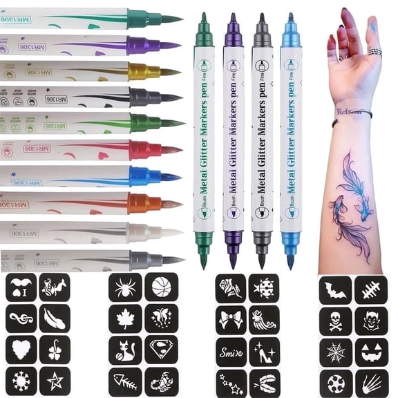 Temporary Tattoos Markers Set, 32 Paint Stencils   10 Colors Body Markers Tattoo Pen, NOGIS  Christmas Gifts Tattoo Stencil Stuff for Girls Boys Teens Glow Party Supplies