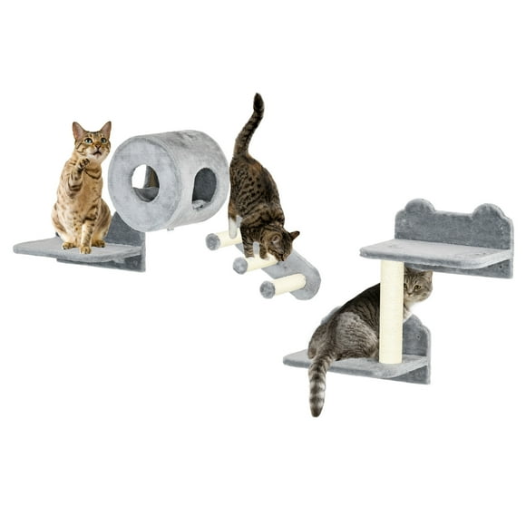 PawHut 4Pcs Cat Wall Shelf with Scratching Post, Steps, Platforms, Condo, Cat Shelves for Relaxing, Sleeping, Jumping, Cat Wall Climber for Indoor Cats, Grey
