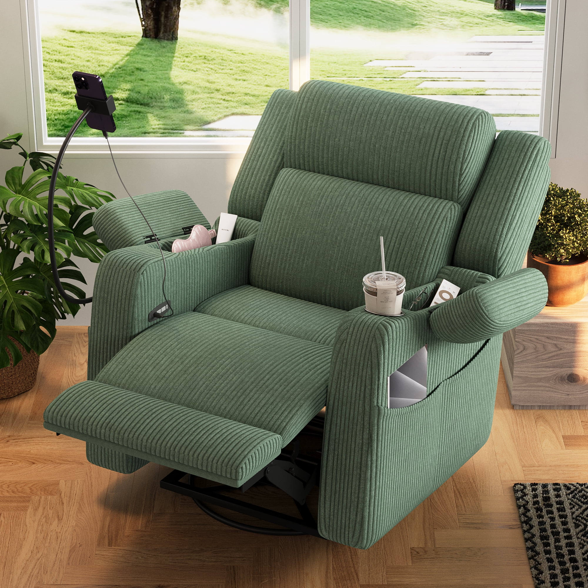 Leumius Recliner Chair with Heat and Massage,270° Swivel Rocker Recliner with Phone Holder & USB Ports,Single Rocker Sofa Nursery Glider with Hidden Storage, Side Pockets, Cup Holder,Green
