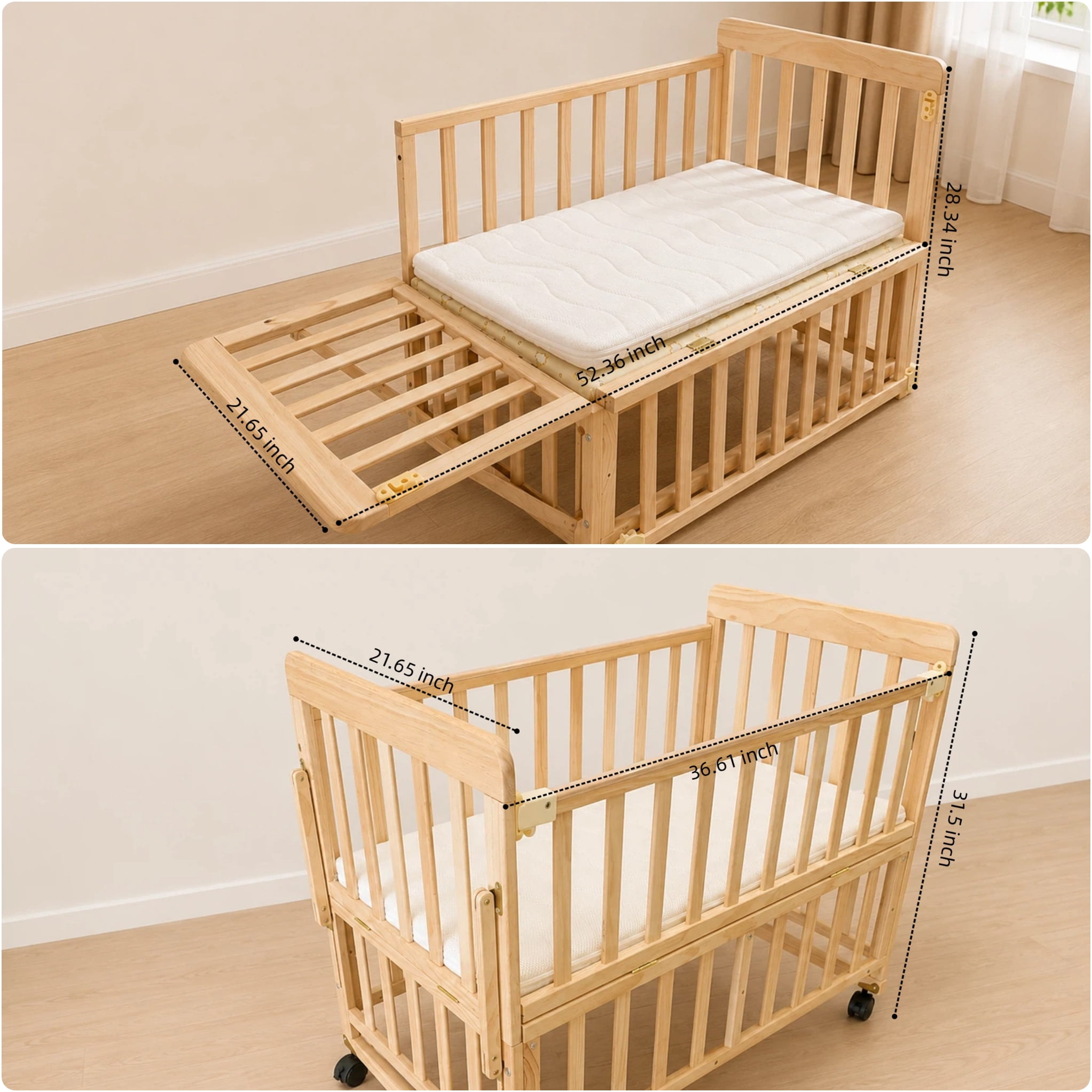 Mintazer Convertible Kids Crib with Height Adjustable, Bedside Bassinet with Lockable Wheels & Mattress, Extendable Rocking Cradle for Newborn to Toddler, Natural