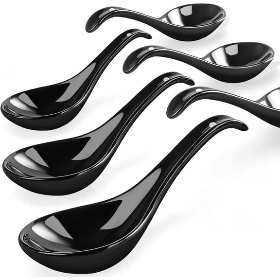 ZEN Black Ceramic Soup Spoons Set, 6.75 inch Deep Oval Hook Design, Dishwasher Safe - Perfect for Ramen, Pho, Noodles, Stews, Wonton, Dumpling, Miso