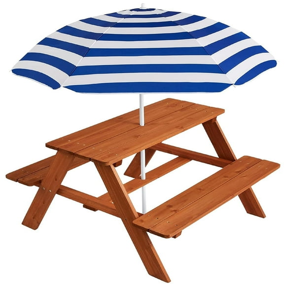 Kids Wooden Picnic Table, Outdoor Activity & Dining Table w/Adjustable Collapsible Umbrella, Built-in Seats - Navy Blue