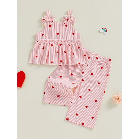 Loicainy Toddler Baby Girls Outfit for Valentines Day 6 12 18 24 Months 2T 3T 4T Striped Heart Sleeveless Camisole with Trousers Summer Clothes Set