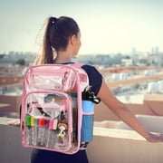 SANMADROLA Clear Backpack, Heavy Duty PVC Transparent Backpack Stadium approved with Reinforced Strap School Bookbag for School, Workplace, Stadium, Travel, Security, Festival, College (Pink)