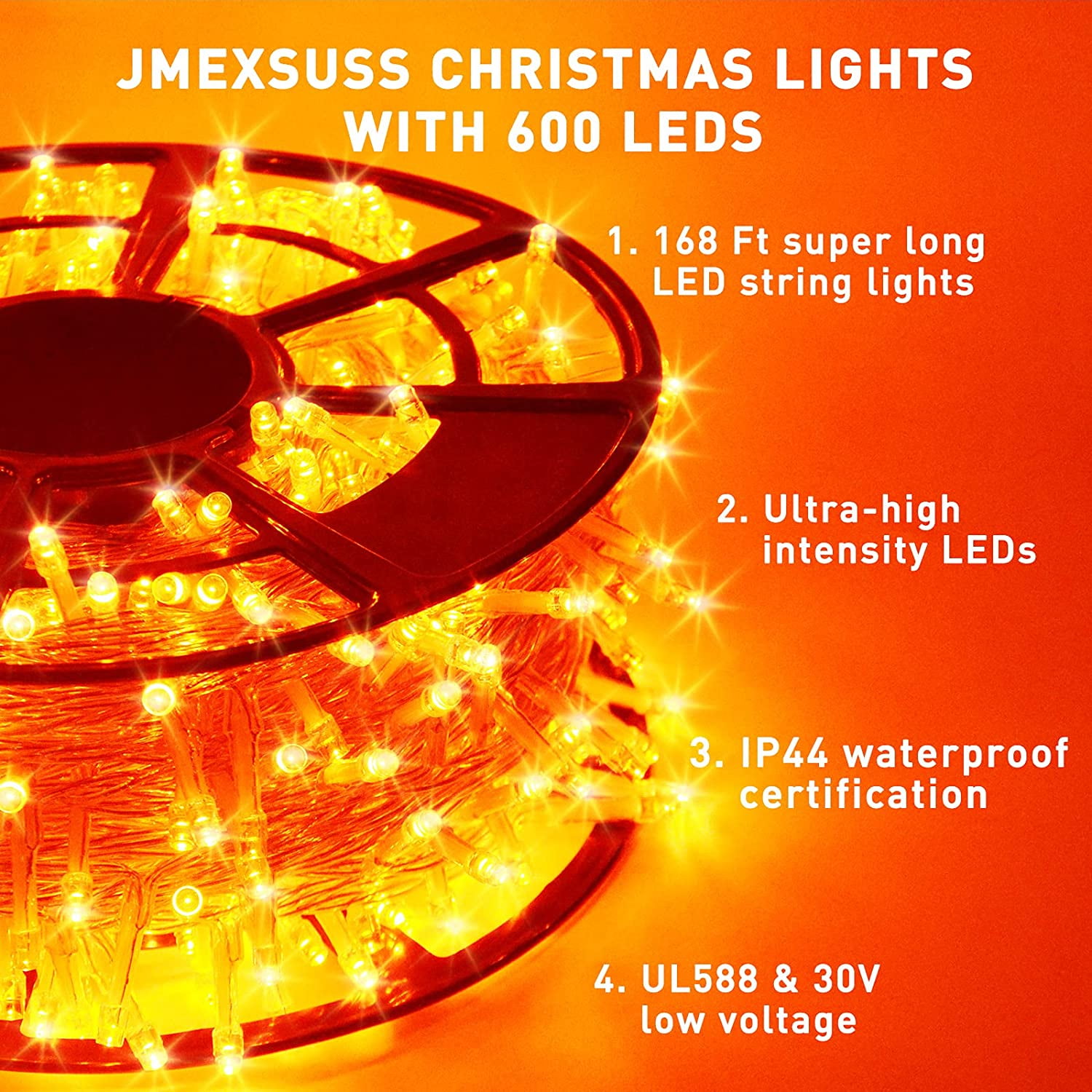 JMEXSUSS 600 LED Thanksgiving Lights Outdoor, 8 Modes Orange Christmas Lights Plug in, Orange String Lights Clear Wire for Fireplace, House, Yard, Halloween Christmas Thanksgiving Decorations