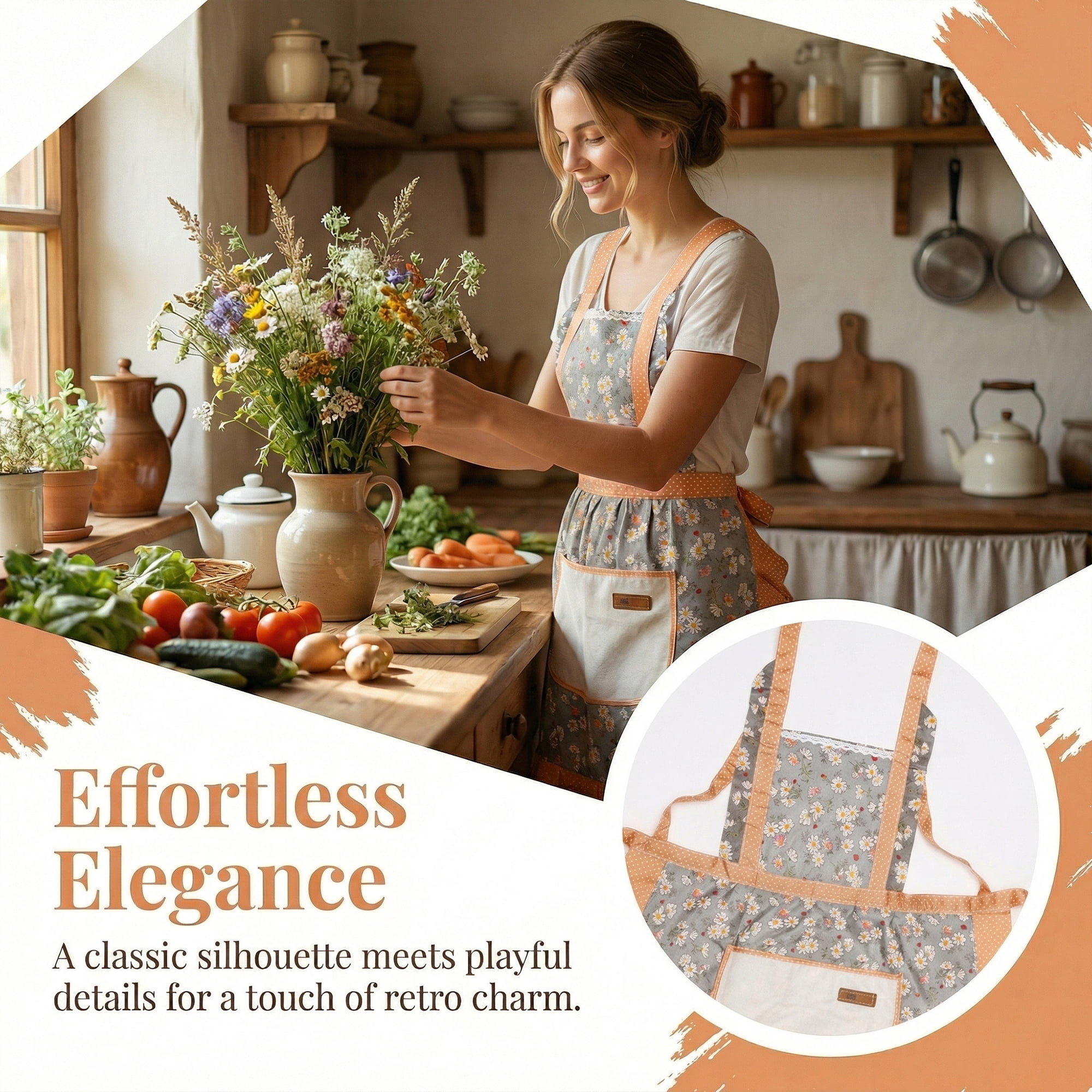 Unique Bargains Durable Floral Kitchen Apron with Pockets and Adjustable Tie Blue