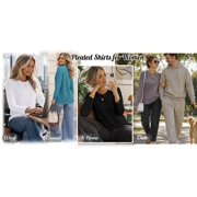 UVN Blouses for Women Pleated Long Sleeve Shirts Casual Crew Neck Tunic Tops