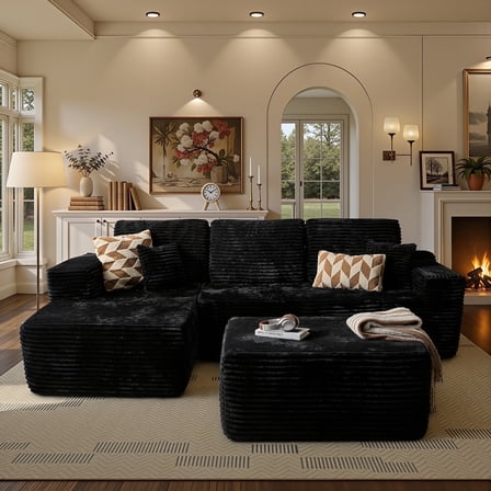 Ovios 106" Cloud Sofa Couch No Assembly Boneless Deep Seat Sofa with Ottoman for Living Room, Black (Plush Corduroy)