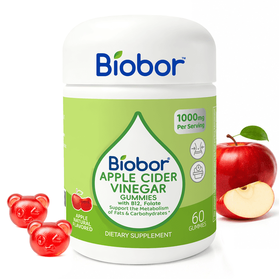 Biobor Apple Cider Vinegar Gummies, 1000mg ACV with 400mg Folate & Vitamin B12, No Sugar Added, 60 Count
