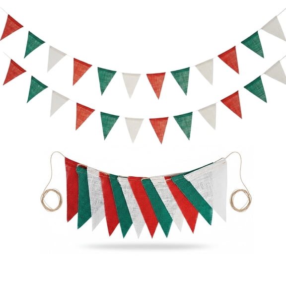 2 Pack Christmas Burlap Banner, Red Green White Triangle Flags, Rustic Holiday Bunting Garland for Indoor Outdoor Fireplace Decor