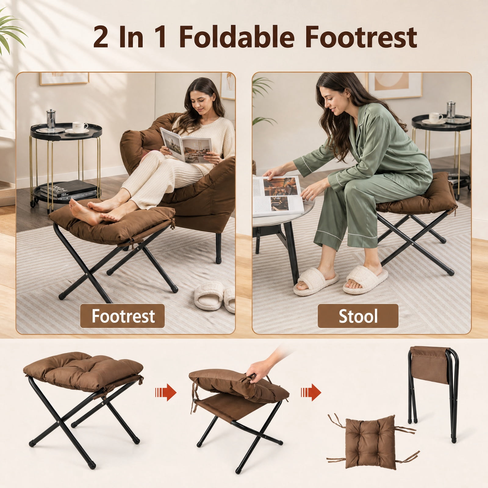 Furnibear Modern Accent Sofa Chair with Folding Footrest and Side Pocket for Living Room Bedroom and Balcony Reading Nook, Brown