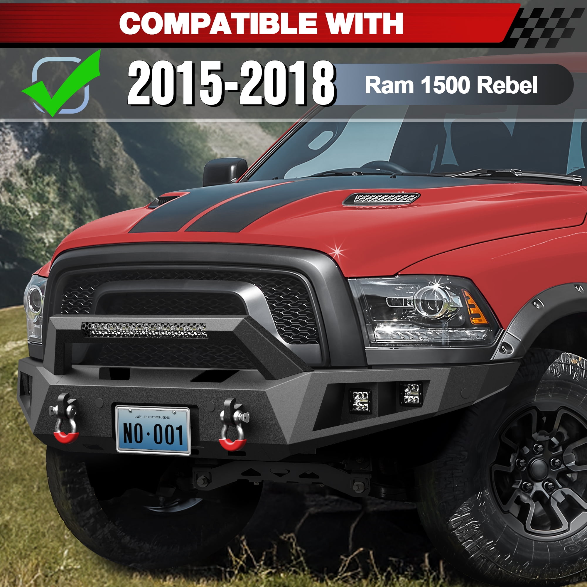 POFENZE Fits 2015-2016-2017-2018 Ram 1500 Rebel Bumper Combo Steel Front and Rear Bumper w/Winch Plate LED Lights