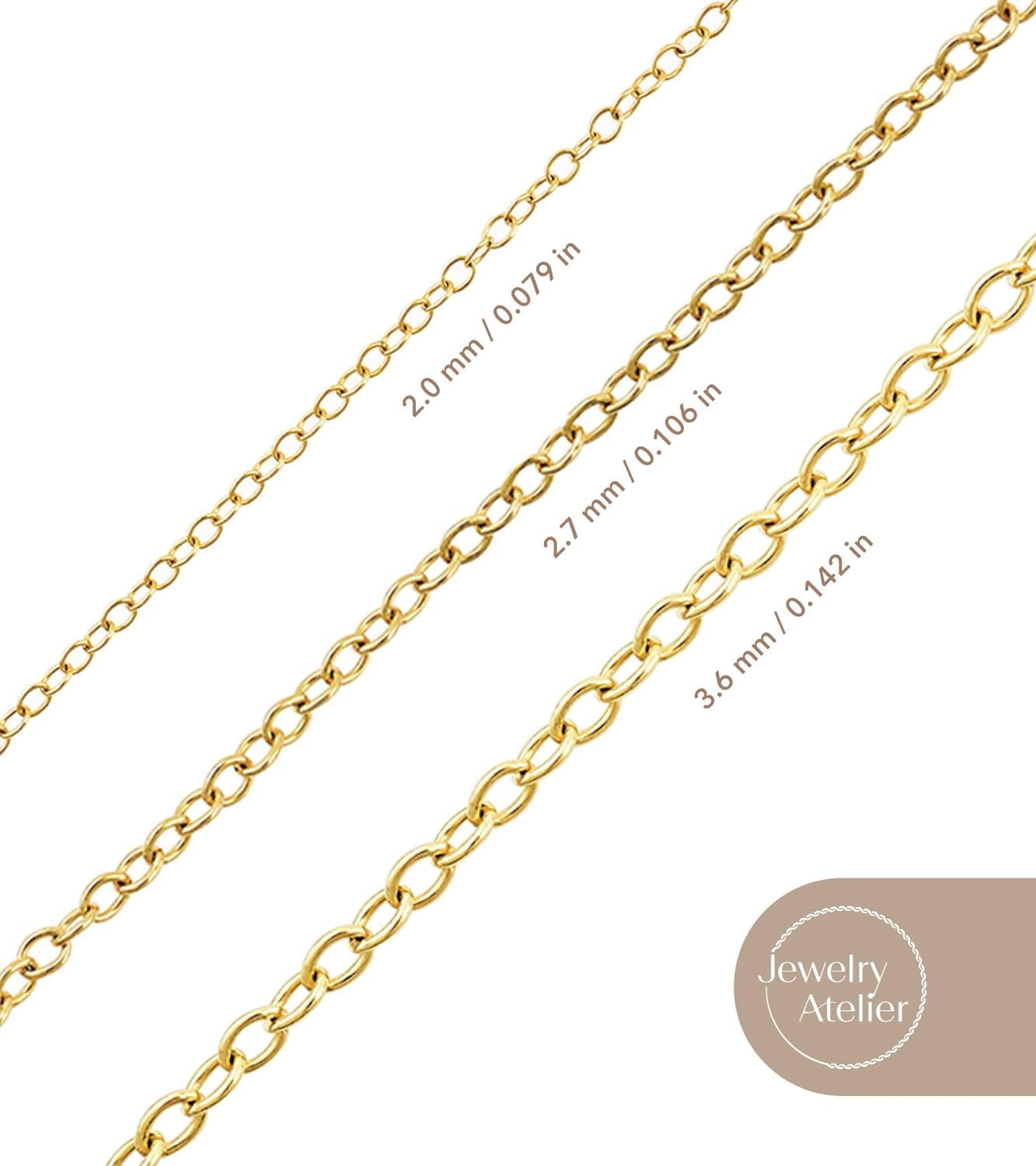 Jewelry Atelier Gold Chain Necklace Collection - 14K Solid Yellow Gold Filled Cable/Rolo/Pendant Link Chain Necklaces for Women and Men with Different Sizes (2.0mm, 2.7mm, or 3.6mm)