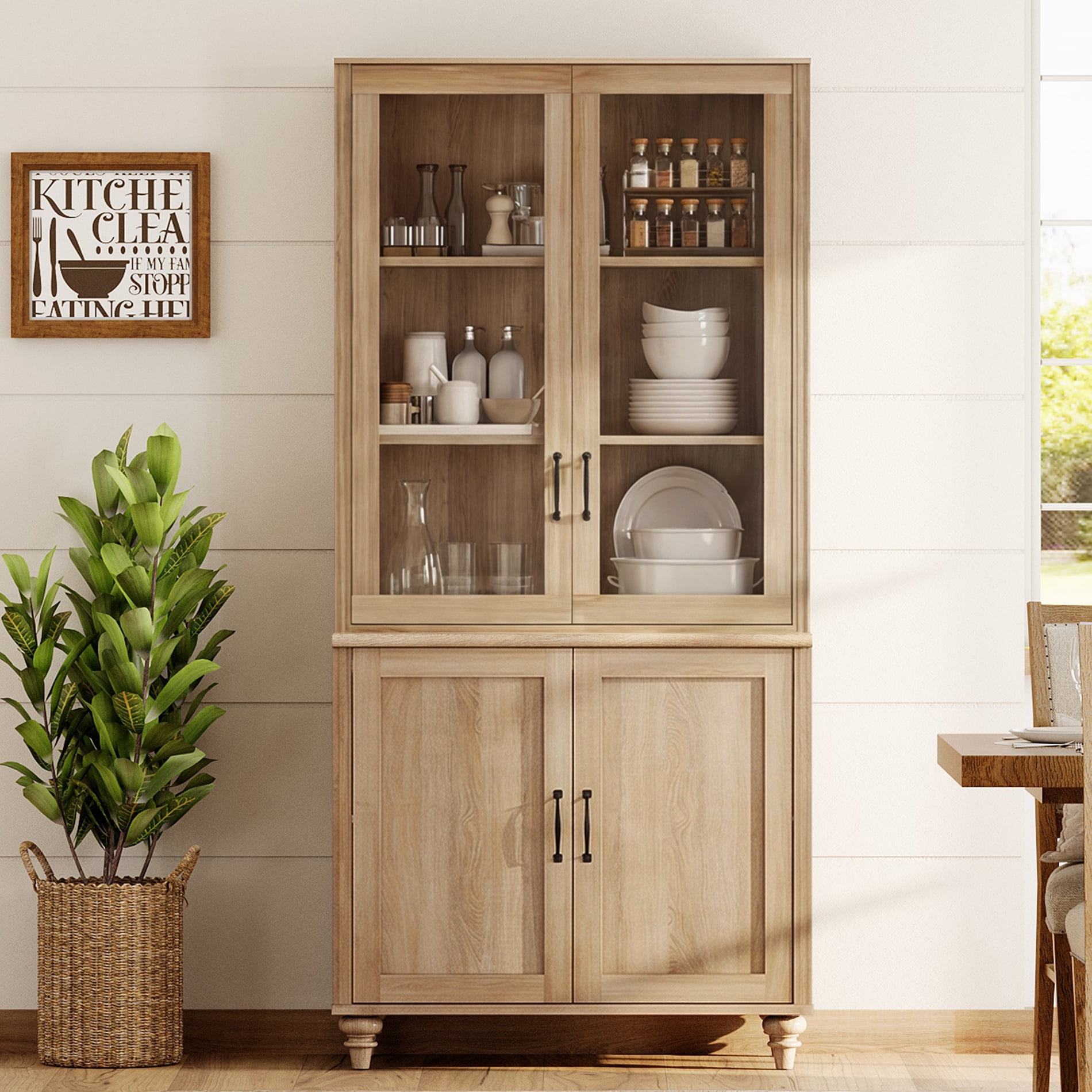 72.1"H × 33.9"W Large Farmhouse Wooden Bookcase with Glass Doors & Shelves, Storage Cabinet Bookcase for Living Room, Bedroom, Home Office & Kitchen, Oak