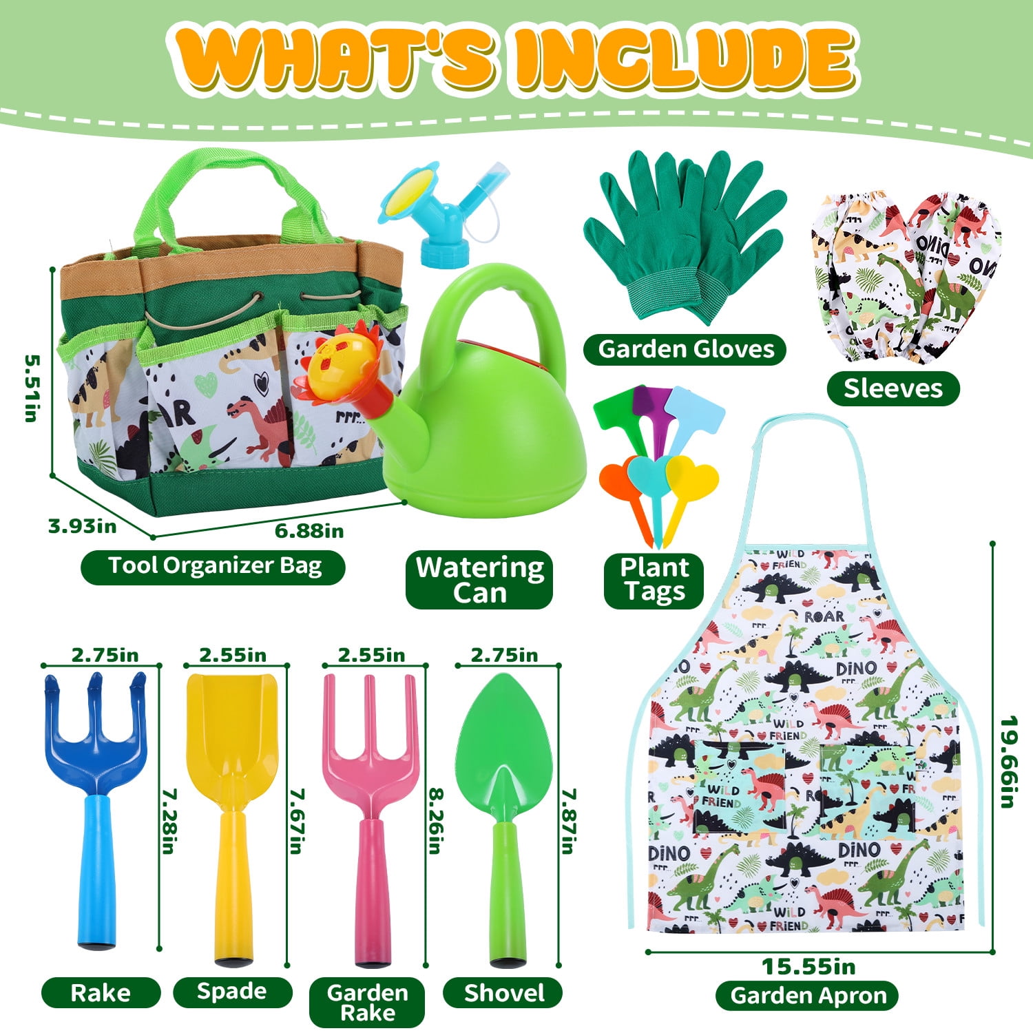 JoyStone 18 PCS Kids Gardening Tool Set with Dinosaur Apron, Watering Can & Sprinkler Head, Tote Bag, Gloves, Shovel & Rake, Outdoor Gift for Boys & Girls Ages 3+