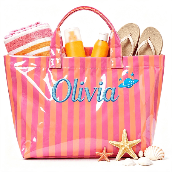 GASTROPOD Personalized Jelly Beach Tote Bag with Name, Waterproof Pvc Tote for Women | Custom Striped Plastic Tote for Women, Large Sandproof Handbag for Summer Vacation Travel Wedding Birthday Gifts
