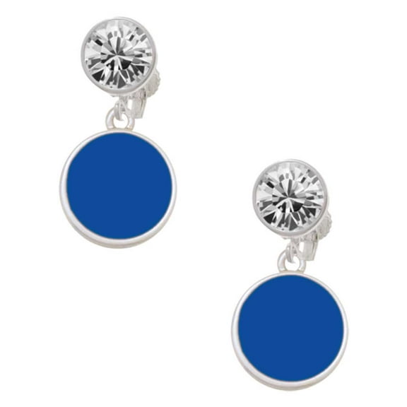 Silvertone Small Navy Blue Enamel Disc Clear Crystal Clip On Earrings