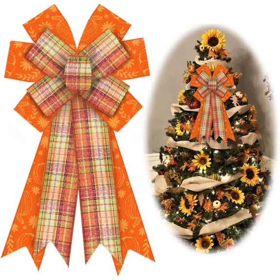 Hsomely Large Fall Bows for Wreath, Orange Buffalo Plaid Thanksgiving Pumpkin Bow, Farmhouse Burlap Tree Topper for Indoor Outdoor Decor