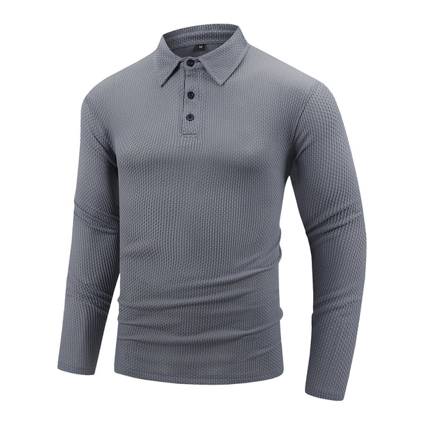 Blusa y camisa de manga larga con cuello vuelto para hombre, camisa deportiva de color liso con solapa y botones, blusa de poliéster de manga larga con solapa para hombre