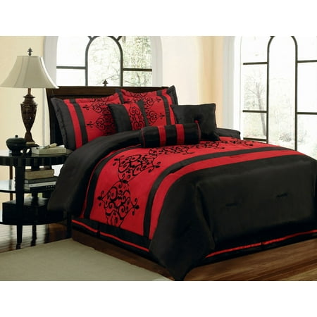 7 Piece Catherine Flocking Black And Red Comforter Set Walmart