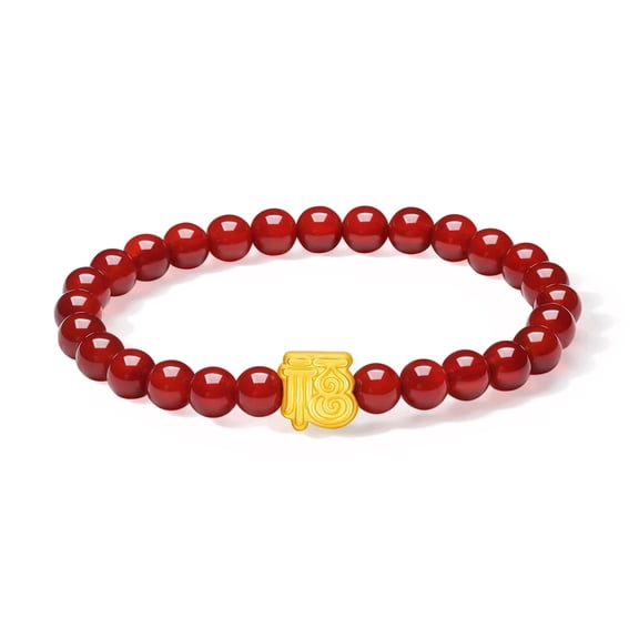 ZHOU LIU FU 24K Gold Beaded Bracelets Red Agate Fu Charm Jewelry 17cm for Women A1914591