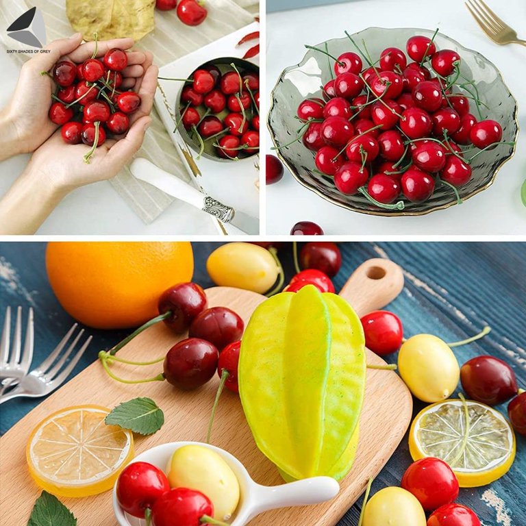 Sixtyshades 30 Pcs Artificial Fake Red Black Cherries Faux Fruit Plastic  Simulation Cherry for Home Party Wedding Kitchen Decor (Red)