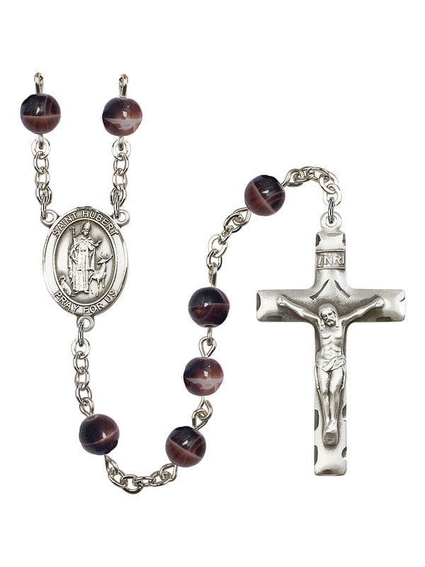18-Inch Rhodium Plated Necklace with 4mm Faux-Pearl Beads and Sterling Silver Saint Hubert of Liege Charm.
