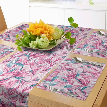 

Floral Table Runner & Placemats Clutter of Tropical Island Flowers and Leaves Set for Dining Table Decor Placemat 4 pcs + Runner 14 x90 Pink Dark Turquoise by Ambesonne