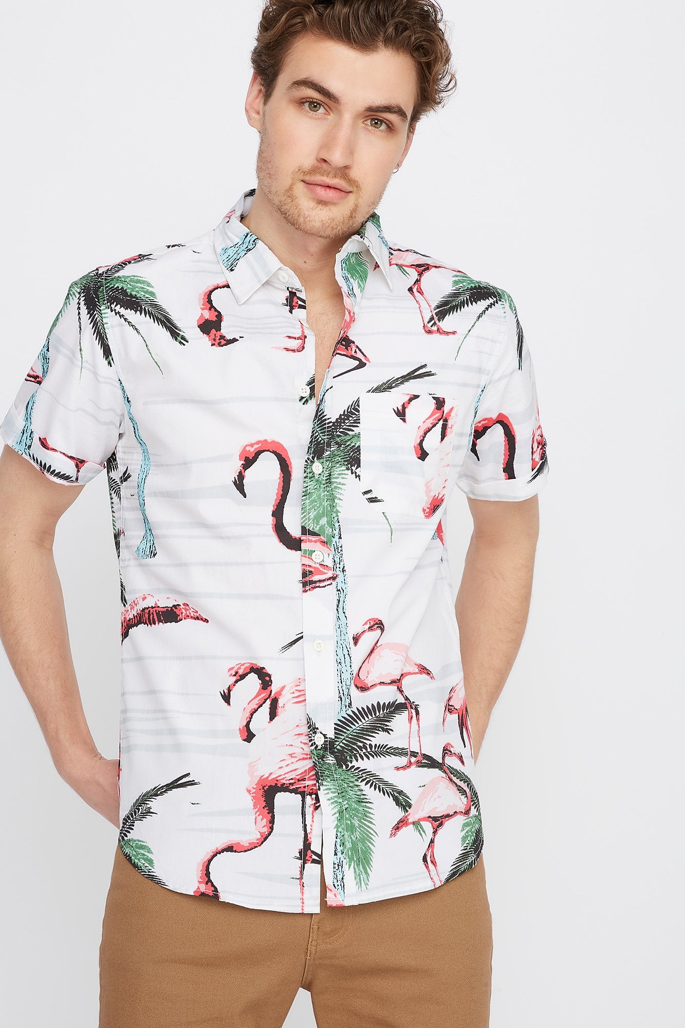 Urban Planet Men's Floral Flamingo Button-Up Short Sleeve Shirt