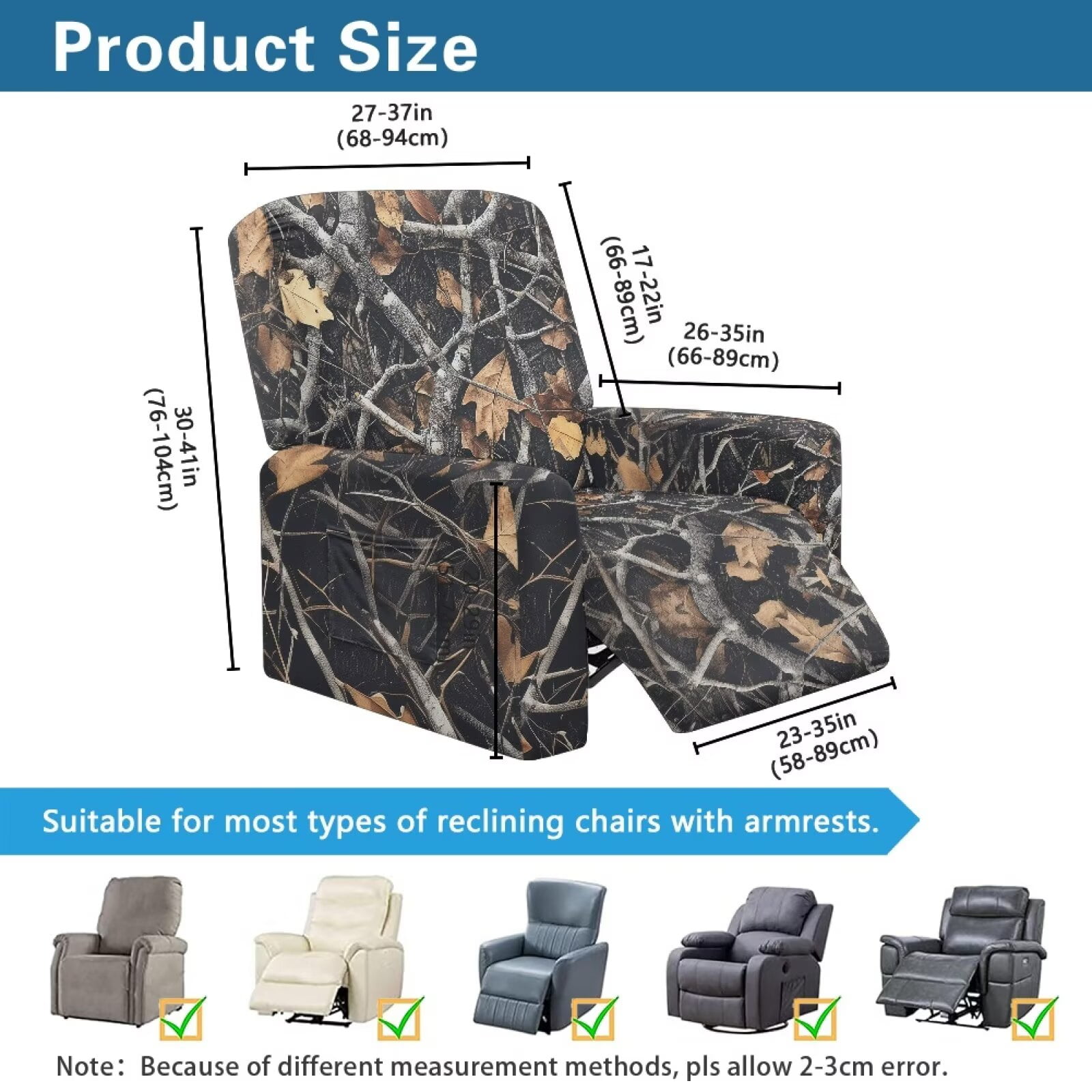 Yuyamidu Camouflage Reclining Chair Covers 4 Pieces Hunting Branch Recliner Sofa Slipcovers with Pocket Replacement Soft Slip Covers for Recliners with Arms Gift for Friends