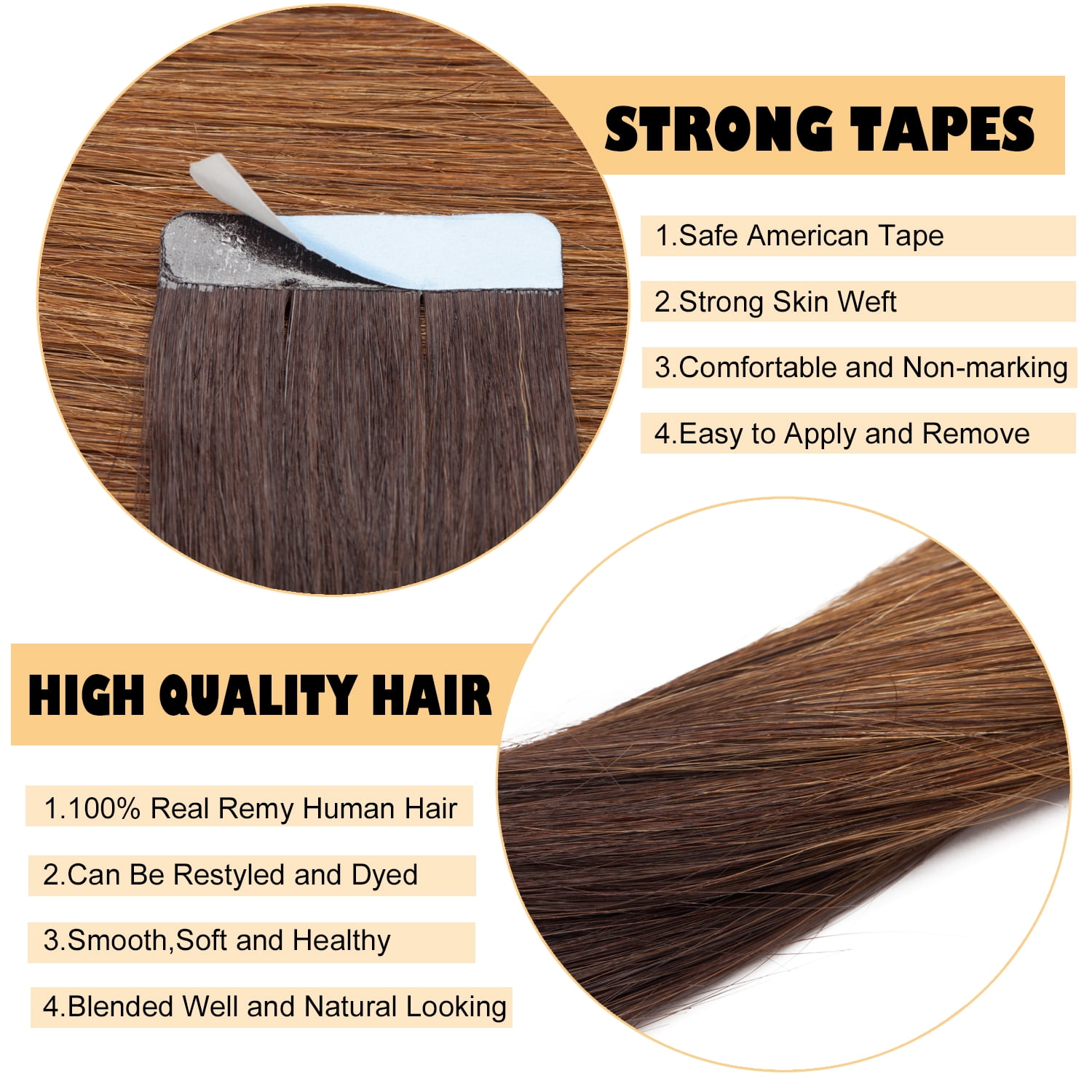 Benehair Tape In 100% Real Remy Human Hair Extensions Seamless Skin Weft Thick Glue Straight Women 10-20pcs 18inch Ombre Brown