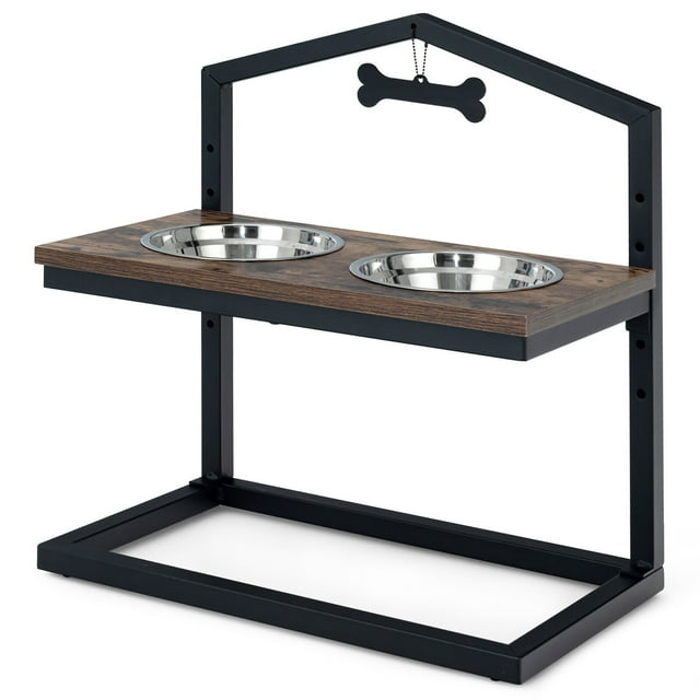 Gymax Elevated Dog Bowls Feeder Adjustable Raised Bowls Stand with 5 Heights Coffee