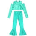 thumbnail image 4 of YONGHS Girls Shiny Metallic Jazz Hip Hop Street Modern Outfit Long Sleeve Crop Top with Flared Pants Lake Green 8, 4 of 5