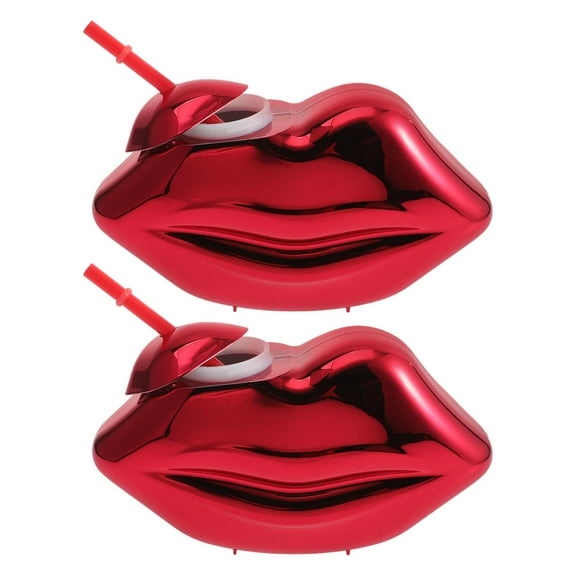 GOOHOCHY 2pcs Red Lip Shaped Drinking Cup with Lid and Straw for Kawaii Tea Cute Tumbler Bottle Juice Cup for Home Office Wedding Party KTV Beach