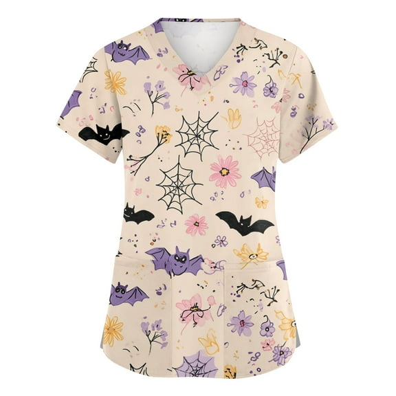 Nursing Uniforms Scrubs Sets For Women,Halloween Scrubs Plus Size Women'S Cute Printed Short Sleeve V-Neck Nurse Care Worker Uniform Scrub Top With Pocket,Beige,XXXL