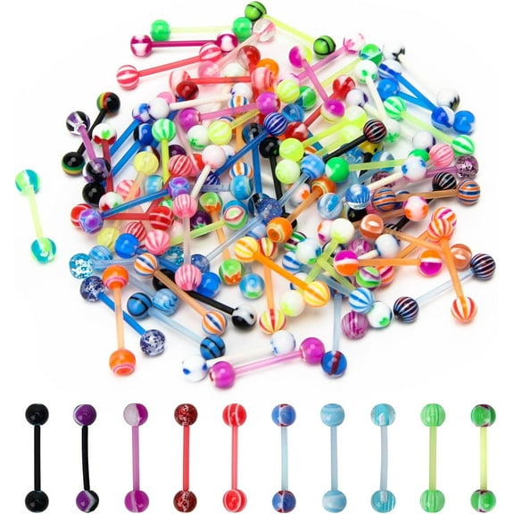 100Pcs 14G Acrylic Tongue Rings, Multi Color Assortment Flexible Tongue Rings Barbells Mix Piercing