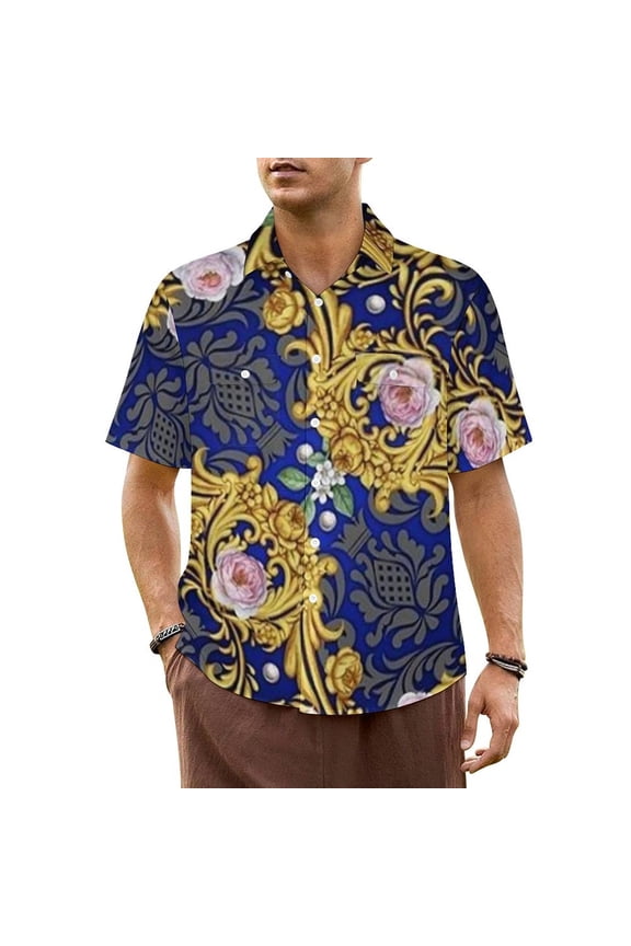 Gold Baroque Floral Beach Shirt Retro Flower Hawaiian Casual Shirts Man Trendy Blouses Sho