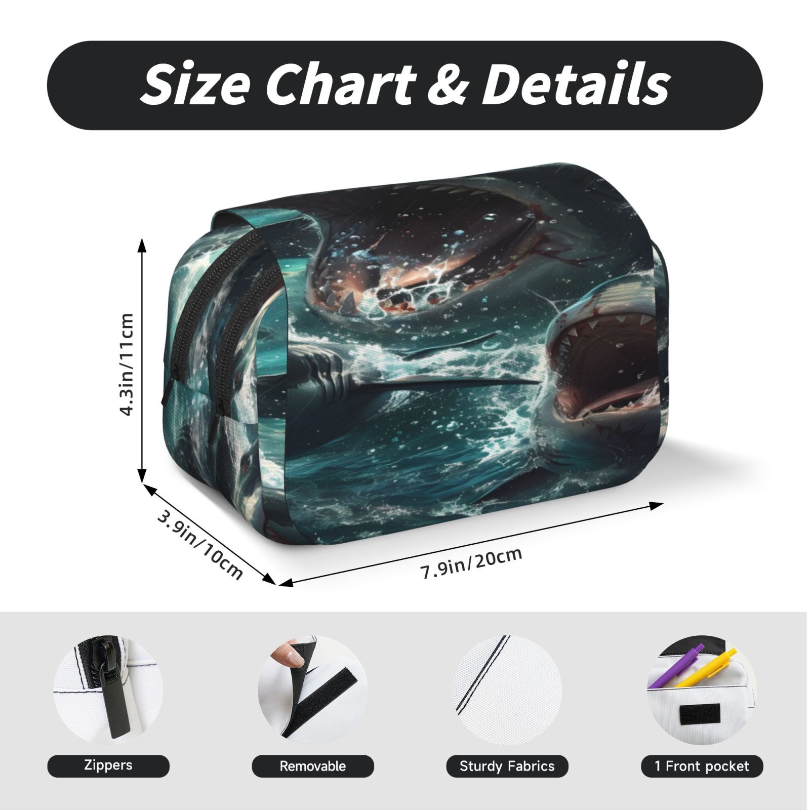Rateoe Wave Ocean Animal Shark Pattern Double Clamshell Pen Case, Storage Organizer with Two Zipper Compartments– Holds Up to 50 Pencils & Pens