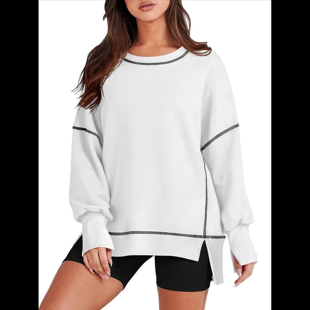 Sudadera Informal de Cuello Redondo para Mujer, de Larga, Holgada, , con Costuras en Contraste, para Otoño. XL
