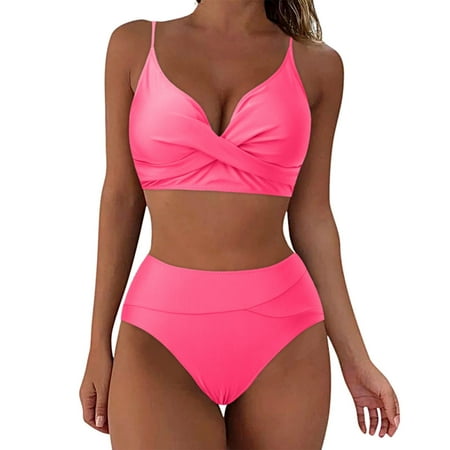 Summer Savings Clearance! Enjoytime Women s High Waisted Bikini Sets Sporty Two Piece Swimsuits Solid Color Cheeky High Cut Bathing Suits Tummy Control Swimsuits for Women
