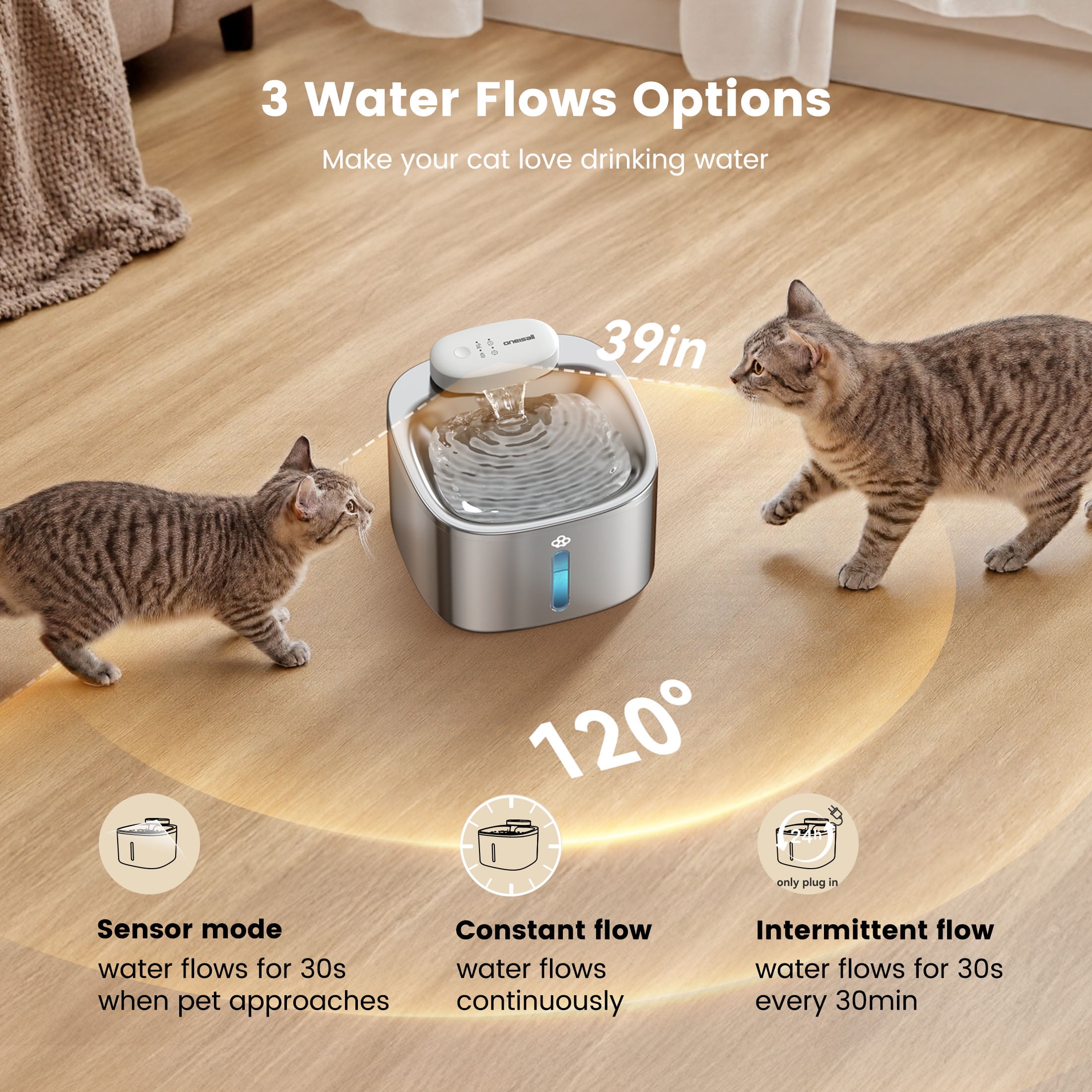 Oneisall CW-01 Wireless Cat Water Fountain 304 Stainless Steel, 3.5L/118oz Cordless Water Fountains for Cats Indoor, Silver