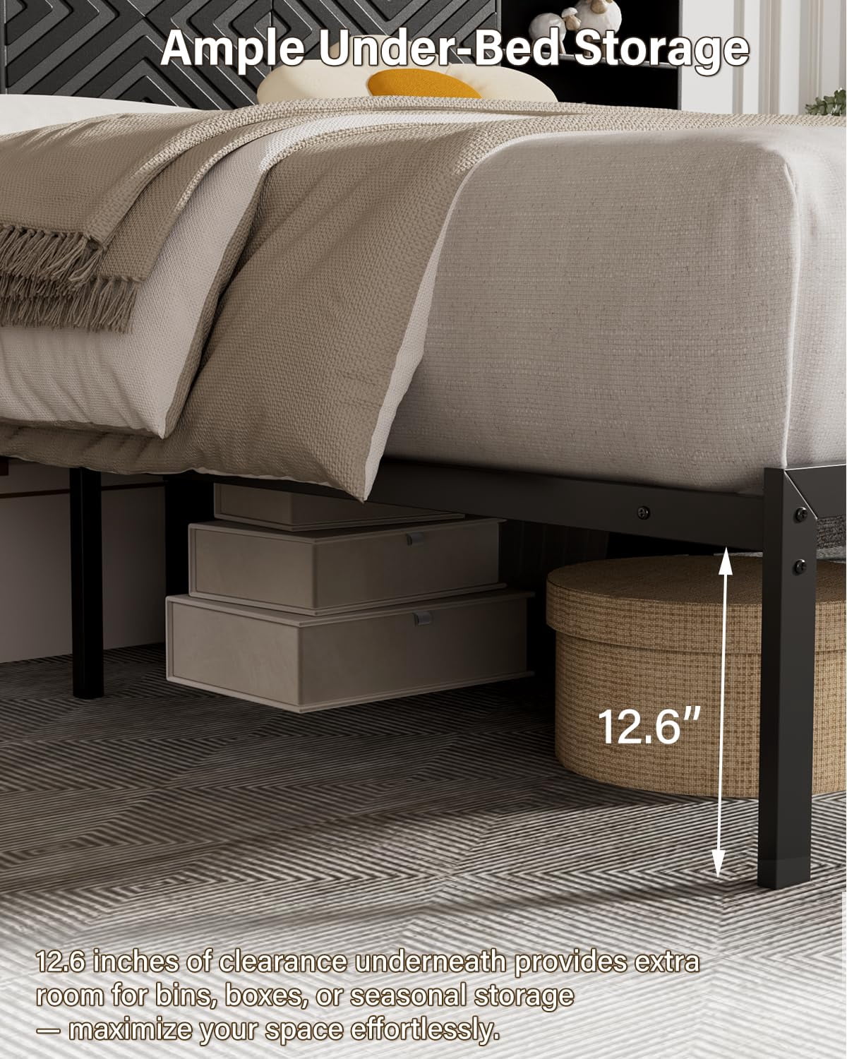 Farmhouse King Size Bed Frame with Move Storage Headboard & 2 Drawers, Platform Bed Frame with 3-in-1 Charging Station, Upholstered Bed Frames with Metal Slats Support