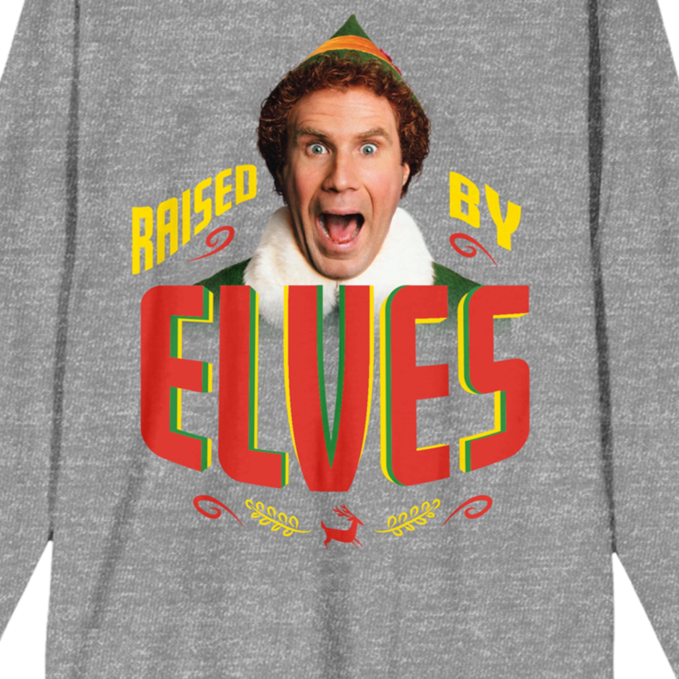 Elf Movie Buddy Raised By Elves Women's Heather Gray Long Sleeve Crew Neck Tee-Medium