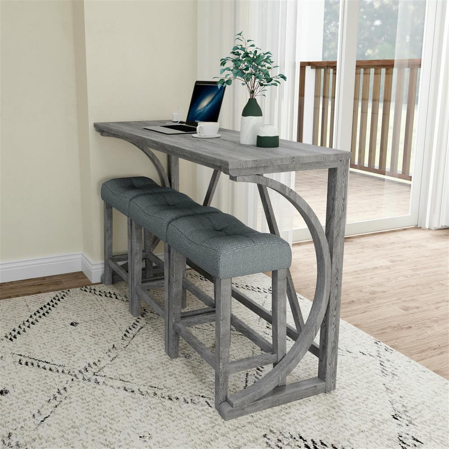 Demi Bonn 4-Piece Dining Table Set with 3 Upholstered Bar Stool and Power Outlets,dustrial Kitchen Bar Table Furniture Sets for Living Room, Apartment, Gray