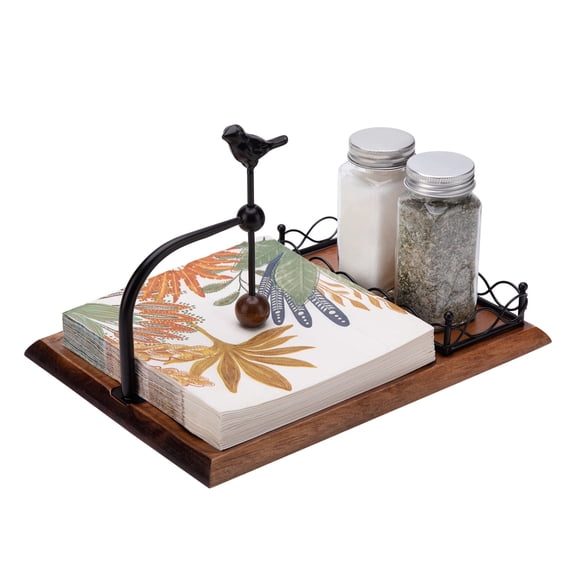 Napkin Holder for Table, Farmhouse Wooden Napkin Dispenser with Black Weighted Arm, Standing Paper Napkin Storage for Kitchen Dining Table Decor