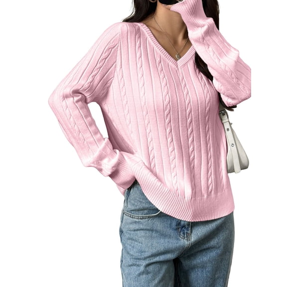 Women Long Sleeve Cable Knit Sweater Fashion V Neck Fitted Pullover Top Business Casual Fall Outfits Pink L