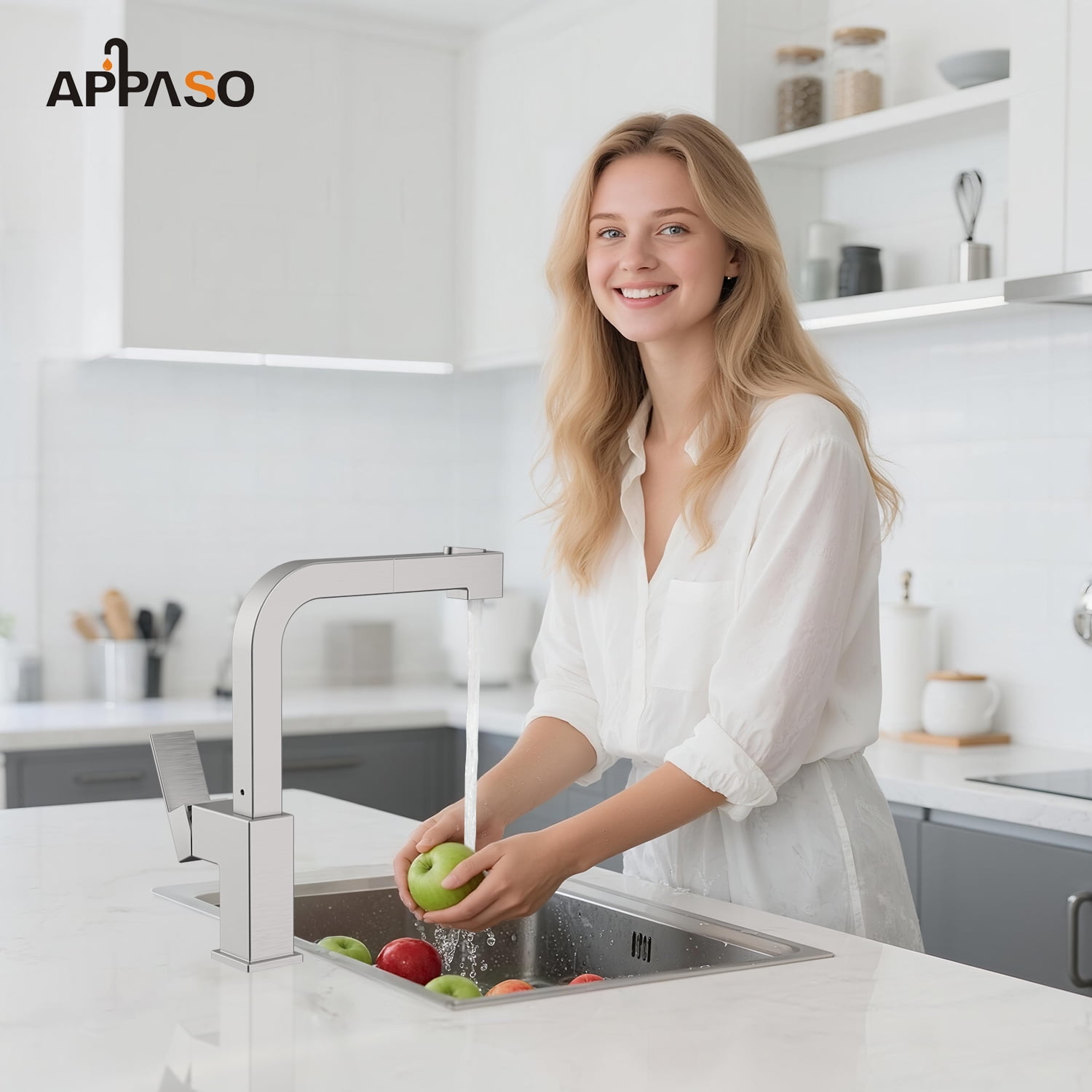 APPASO Square Kitchen Faucet, S304 Stainless Steel, with Pull Out Sprayer, Brushed Nickel Faucets for Kitchen Sink Brushed Nickel, Single Handle Brushed Nickel Faucet Kitchen for RV Bar Sink, Modern