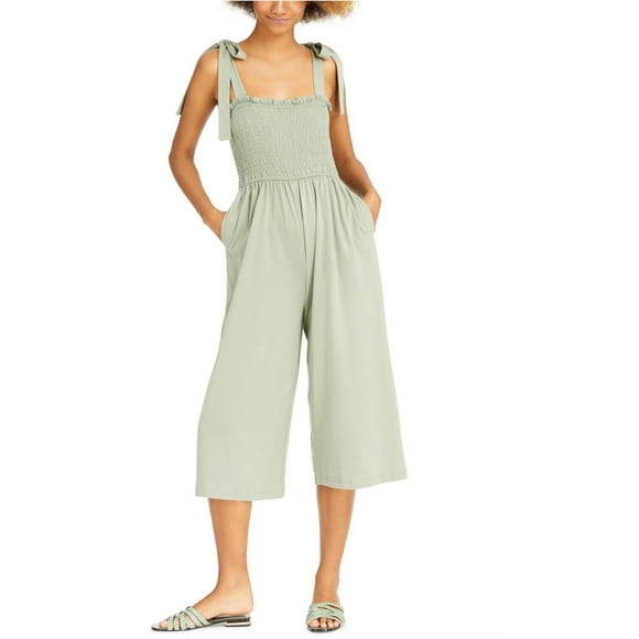 Mink Pink Womens Smocked Tie-Shoulder Jumpsuit, Beige, Small