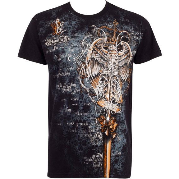 Sakkas Eagle Perched on a Sword Metallic Silver Embossed Cotton Mens T-Shirt - Black - Large