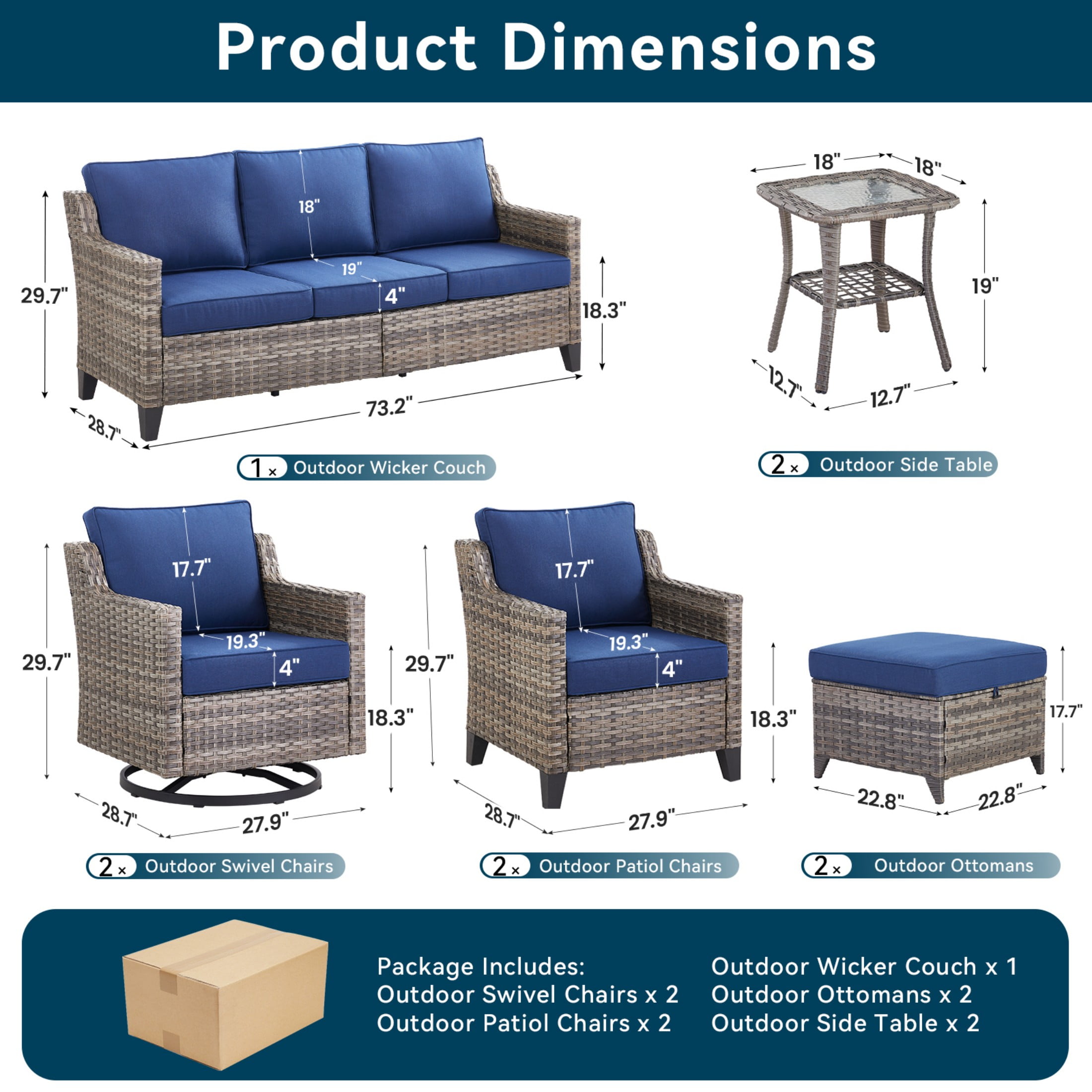 Unnifurnzi Patio Furniture-9 Pieces All Weather Wicker Outdoor Furniture Outdoor Swivel Glider Chairs with Patio Chairs Outdoor Couch Outdoor Patio Furniture for Porch Balcony Deck-Gray/Blue